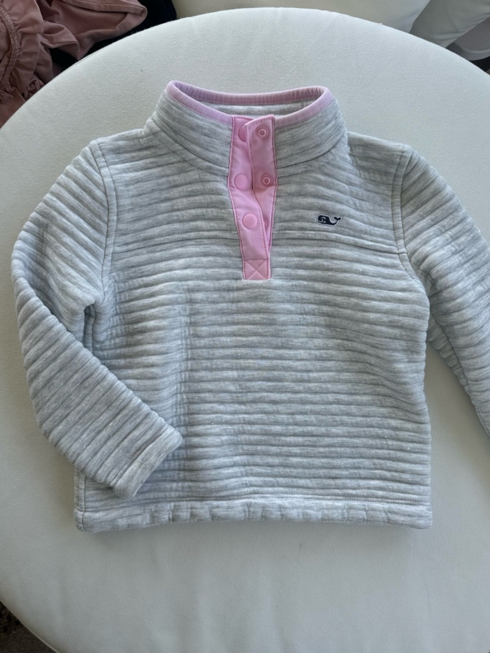 Vineyard Vines Kids 4T Light Gray Quilted Pullover with Pink Snap Placket